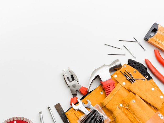 Carpentry implements on white background