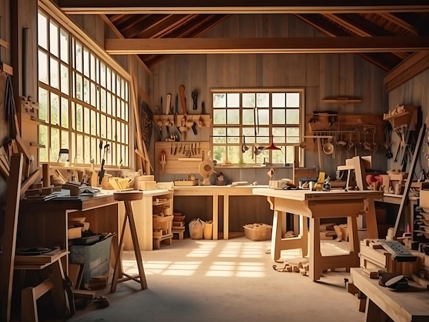 Carpentry shop interior with wood and tools in sunny day