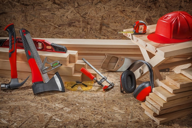 Carpentry Tools Set Of Red Color On Wooden Background