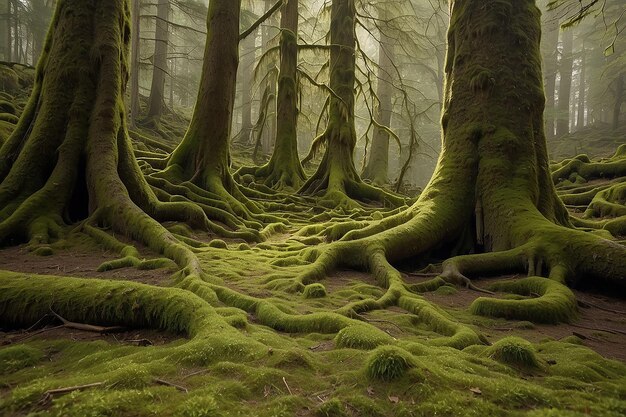 섬세 한 모스 카 이 고대 나무 들  의 숲 바닥 을 부드럽게 하고 있다