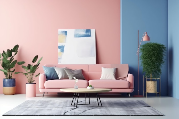 Carpet pink blue sofa apartment Generate Ai