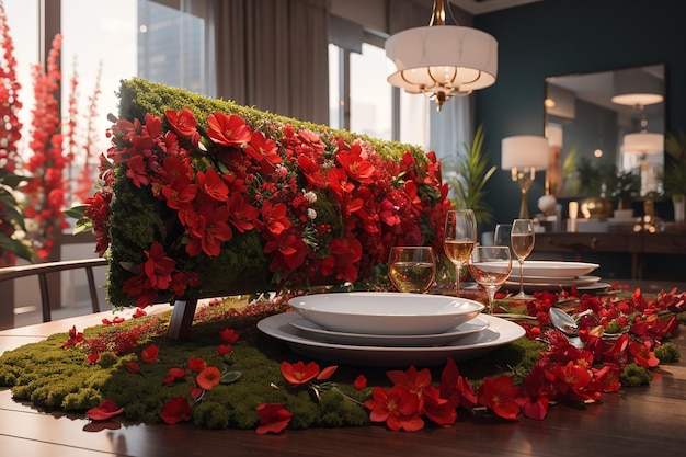 赤い花と苔の絨毯が食卓から垂れ下がっている