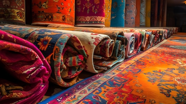 Carpet rolls in a store with a colorful rug on the floor.