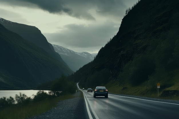 Совместное использование автомобилей норвежский пейзаж закат Generate Ai
