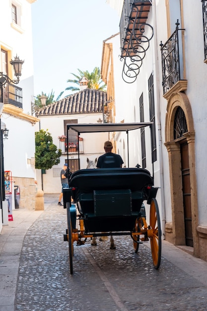 론다 말라가(Ronda Malaga)의 역사적 중심지에 있는 산타 마리아 라 마요르 교회(Church of Santa Maria la Mayor) 옆에 있는 관광객들과 함께 마차