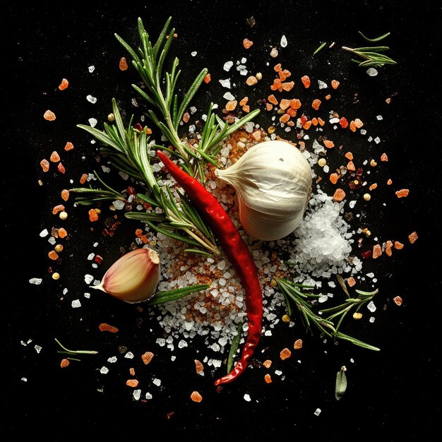 a carrot and a bunch of spices are on a black background