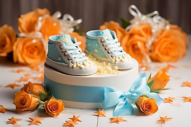 A carrot cake decorated with a theme for a baby shower or gender reveal party