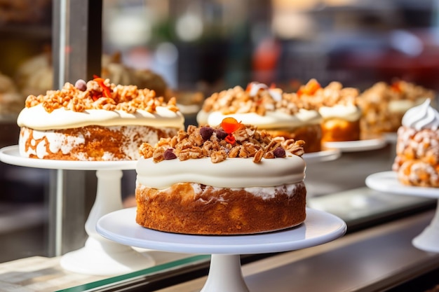 Carrot cake displayed in a bakery window with other desserts