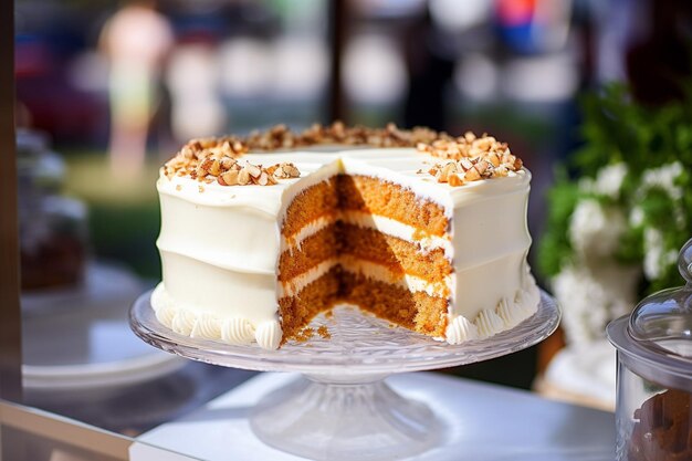 Carrot cake displayed on a dessert cart at a garden party