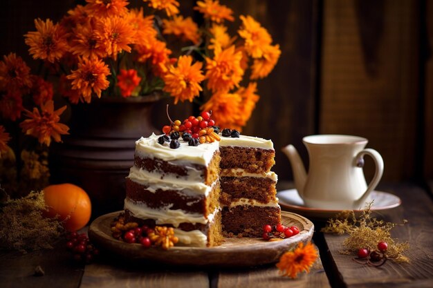 Carrot cake displayed on a dessert cart at a garden party