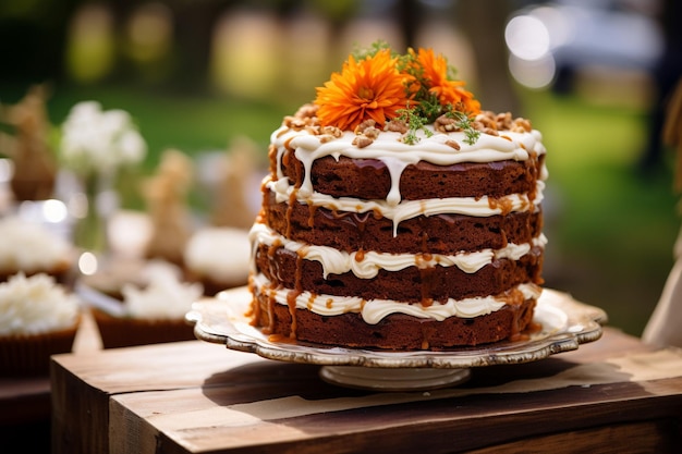 Морковный торт, выставленный на десертной тележке на садовой вечеринке