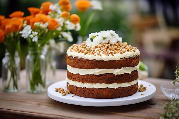 Carrot cake displayed on a dessert table at a restaurant