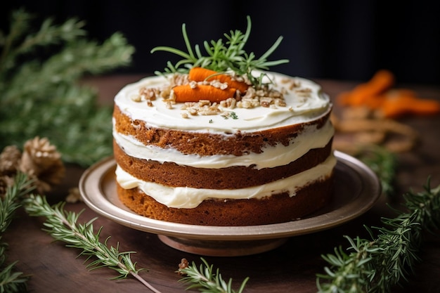 Carrot cake gerangschikt met decoratieve servetten voor een artistieke presentatie