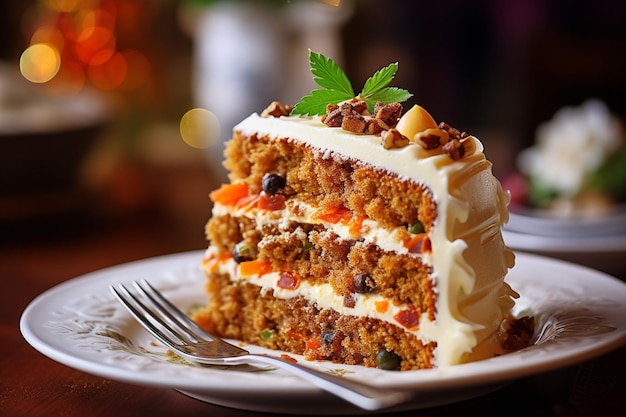 Carrot cake gerangschikt met decoratieve servetten voor een artistieke presentatie