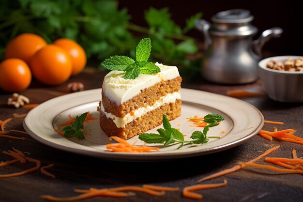 Carrot cake gerangschikt met decoratieve servetten voor een artistieke presentatie