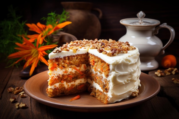 A carrot cake with cream cheese frosting and a slice of carrot cake on top