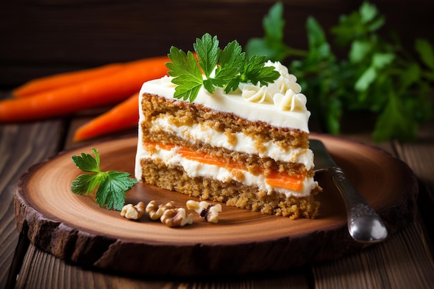 A carrot cake with cream cheese frosting and a slice of carrot cake on top