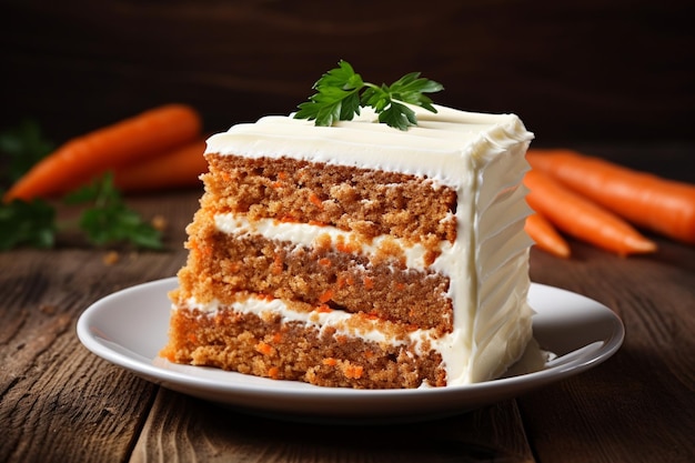 Carrot cake with cream cheese on a wooden board