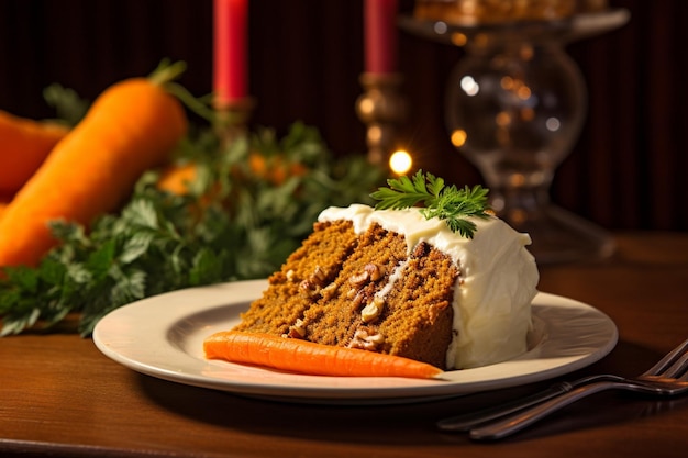 Carrot cake with a slice being enjoyed with a cup of hot tea