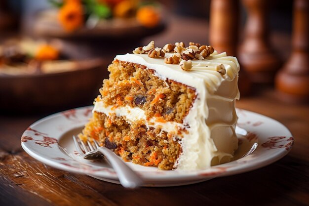 Carrot cake with a slice being enjoyed with a cup of hot tea