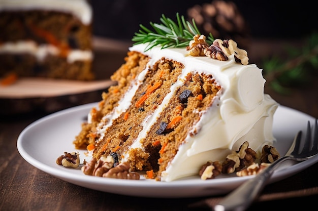 Carrot cake with a slice being enjoyed with a cup of hot tea