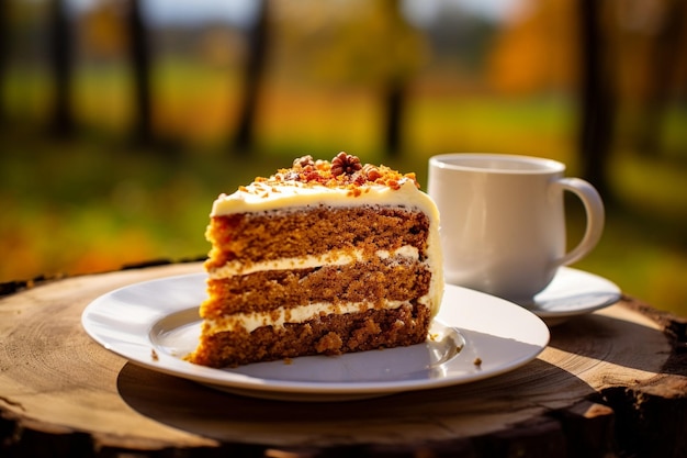 Carrot cake with a slice being enjoyed with a cup of hot tea