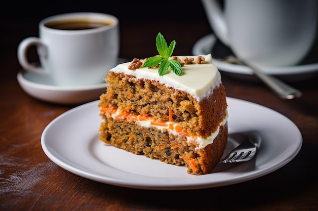 Carrot cake with a slice being enjoyed with a cup of hot tea