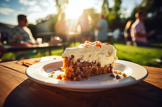 Carrot cake with a slice being enjoyed with a cup of hot tea