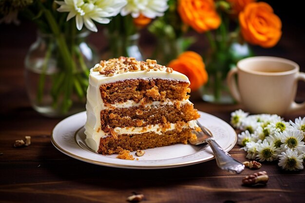 Carrot cake with a slice being enjoyed with a cup of hot tea