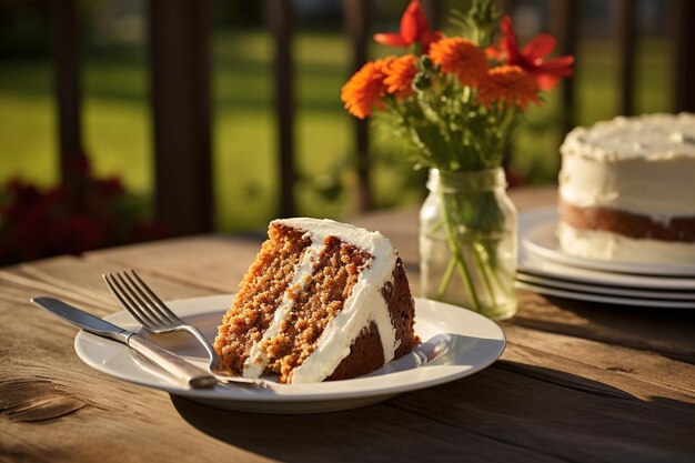 Foto torta di carota con una fetta che si gode con una tazza di tè caldo