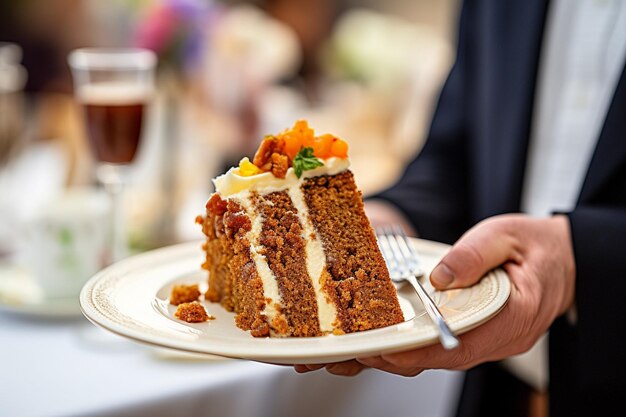 Carrot cake with a slice being enjoyed with a glass of champagne