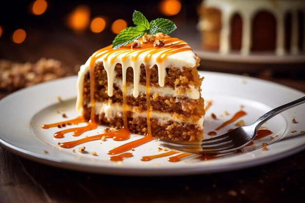 Foto torta di carota con una fetta che si gode con un bicchiere di champagne