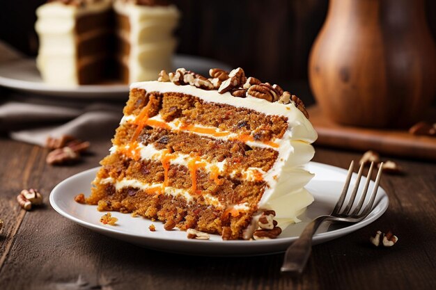 Carrot cake with a slice being enjoyed with a glass of champagne