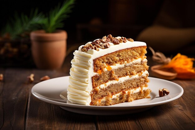 Carrot cake with a slice being enjoyed with a glass of champagne