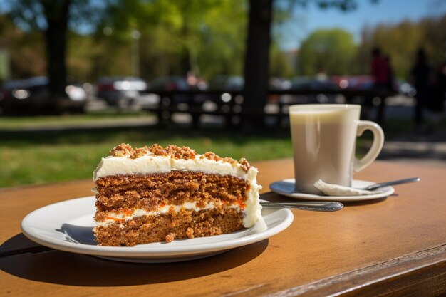 Foto torta di carota con una fetta che si gode con un bicchiere di champagne