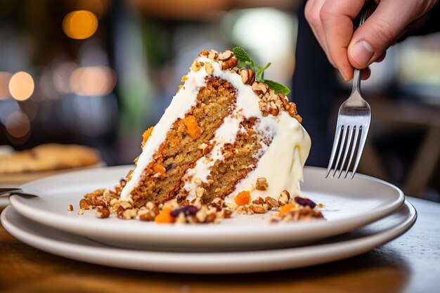 Foto torta di carota con una fetta che si gode con un bicchiere di champagne