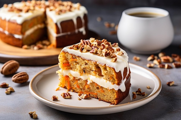 Carrot cake with a slice removed served with a sprinkle of nutmeg