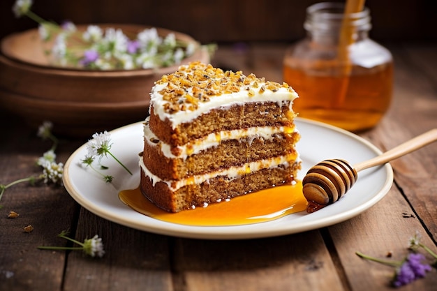 Carrot cake with a slice removed served with a sprinkle of nutmeg