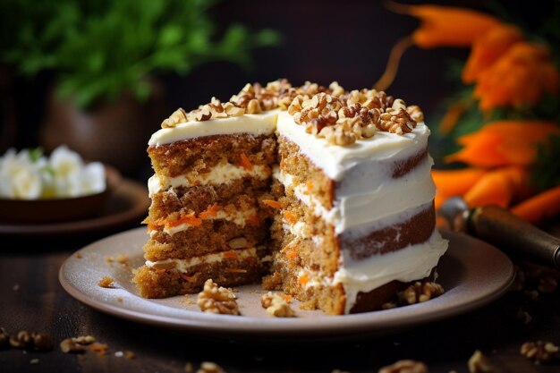 Carrot cake with a slice removed served with a sprinkle of nutmeg