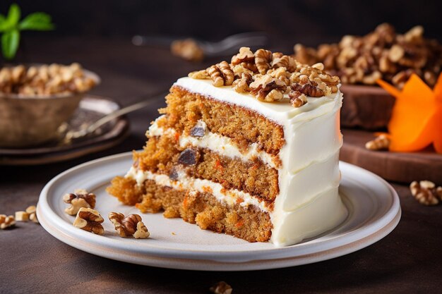 Carrot cake with a slice removed served with a sprinkle of nutmeg