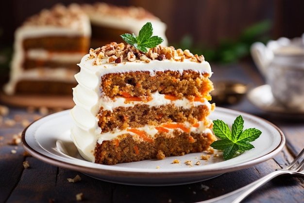 Carrot cake with a slice removed served with a sprinkle of nutmeg