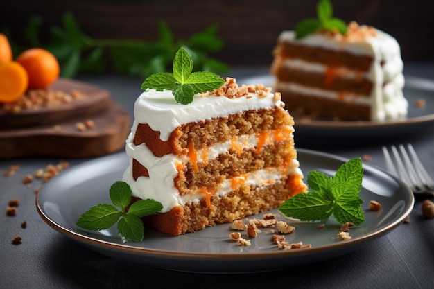 Carrot cake with a slice removed served with a sprinkle of nutmeg