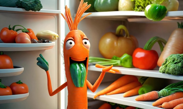 A carrot character personified as a man opens a fridge full of fresh produce