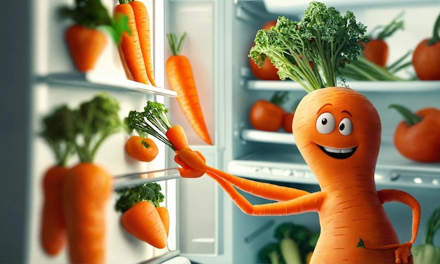 A carrot character personified as a man opens a fridge full of fresh produce