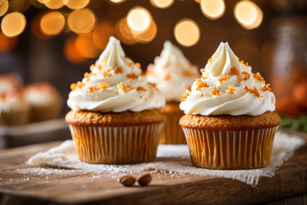 Carrot cupcakes of muffins besprenkeld met wortels op een houten tafel in een gezellige rustieke omgeving