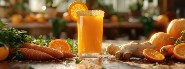 Foto il succo di carota e zenzero arancione brillante aumenta l'energia mattutina hyperdetailed photorealistic hd super dettagliato