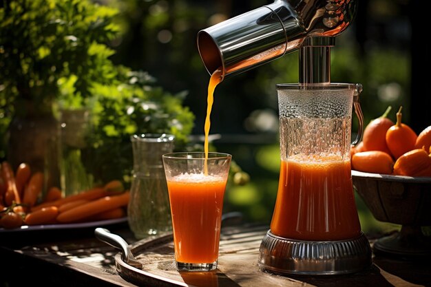 Foto il succo di carota che viene versato in un bicchiere con una fetta di anguria