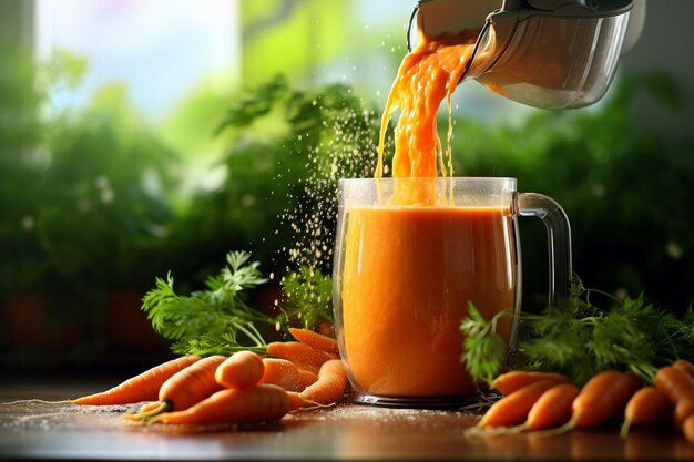 Carrot juice being poured into a glass with a slice of watermelon