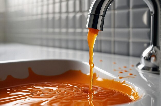 Photo carrot juice drip trail on porcelain sink