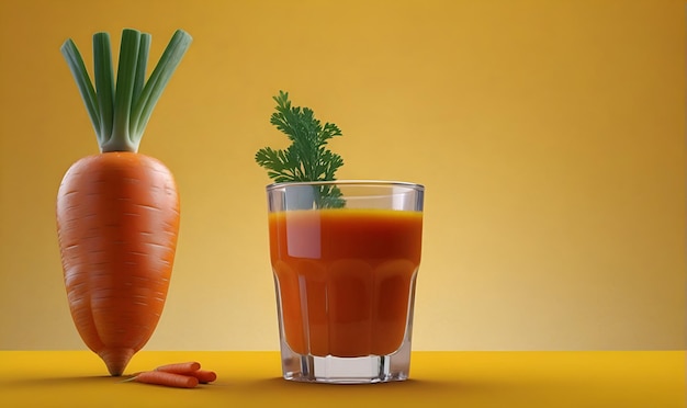 Photo carrot juice in a glass carrots on a yellow background